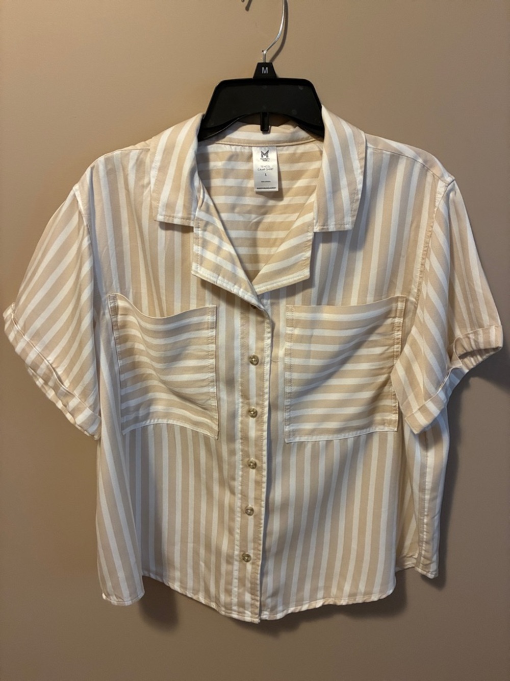 Striped Short-Sleeve Button Front Blouse - Beige & White